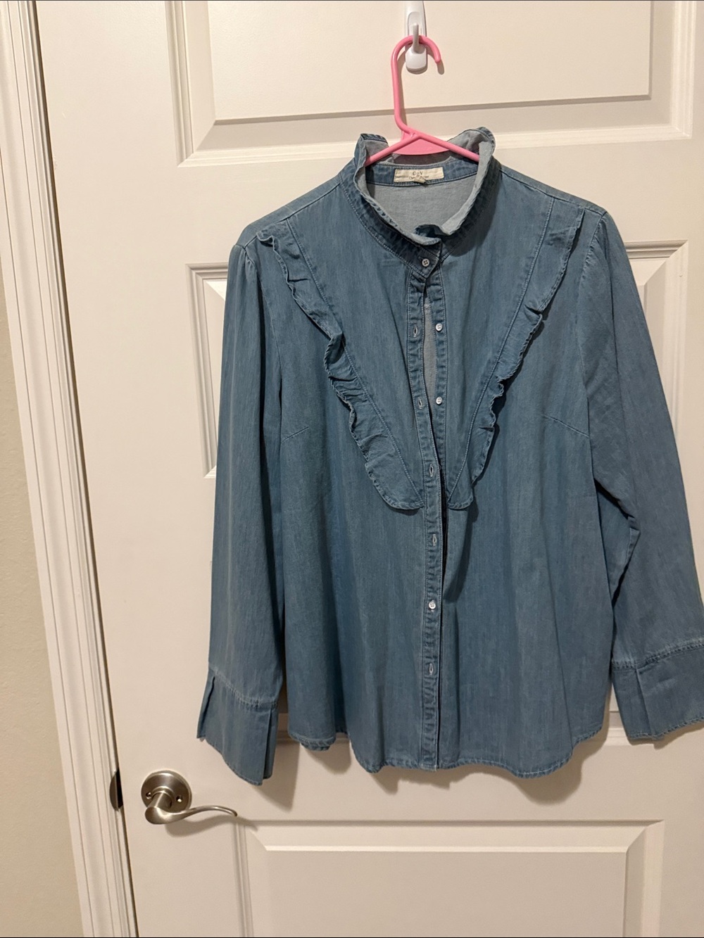 Light Blue Denim Ruffle-Front Button-Down Shirt